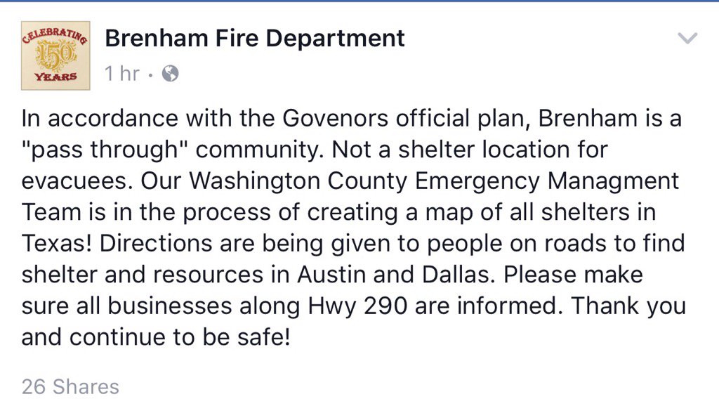 hcfmo's tweet photo. Statement from #BrenhamFD. There are no shelters set up in Brenham. Please share. https://t.co/oogwQ4piLC