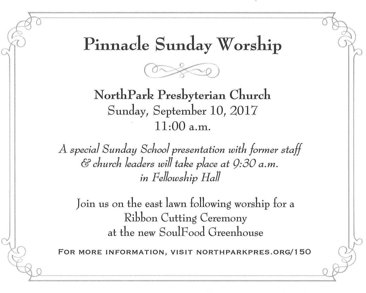 northparkpres's tweet photo. Joni us for Pinnacle Worship on Sunday, September 10th. https://t.co/Fe41plxHMi #nppc150 #reformation500 #northpark #pcusa https://t.co/Xl3UuKeq6w