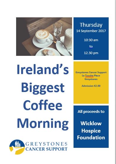 GreystonesCS's tweet photo. Ireland's Biggest Coffee Morning on 14 September 2017. Join GCS 10 am to 12 pm for cuppa and a chat. Proceeds to Wicklow Hospice Foundation! https://t.co/sMILfng1Xt