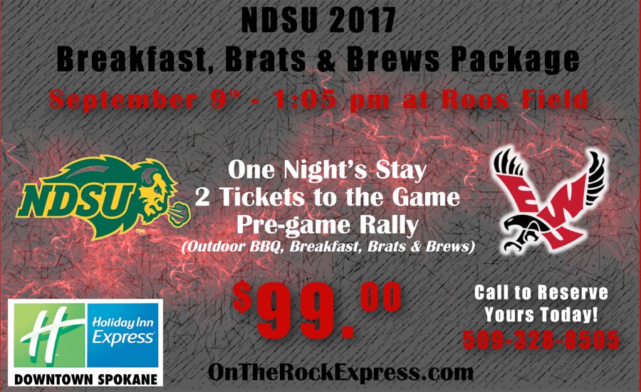 johotel's tweet photo. Football Fans we have a great package for you!  Tickets to the game, an awesome hotel and a tailgate party!  #NDSUBison #EWUEagles #spokane https://t.co/y9GiYiv5bx