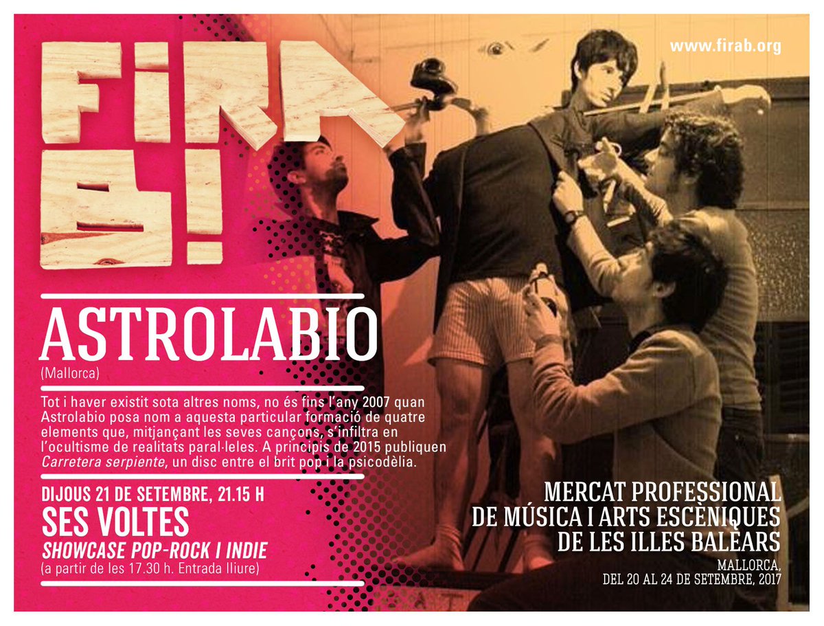 #FiraB2017 Dijous 21 setembre
21.15h SES VOLTES
Showcase #POPROCK #INDIE <a href="/astrolabioband/">astrolabio</a> <a href="/EsporaRecords/">Espora Records</a>
<a href="/FiraB_IEB/">Fira B!</a> goo.gl/srehiL