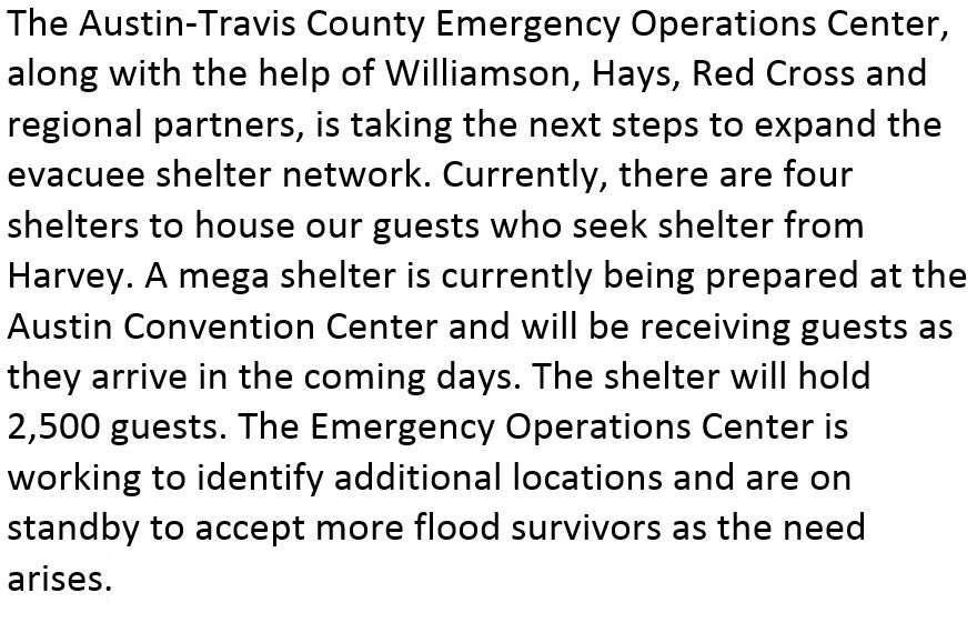 austintexasgov's tweet photo. Mega shelter to open in Austin #Harvey https://t.co/o0lzwqS5yt
