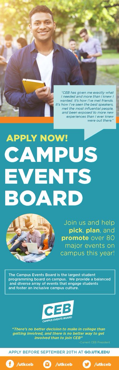 MSL_UTK's tweet image. Campus Events Board is recruiting! Apply by September 20th, to help provide balanced and diverse array of events. go.utk.edu