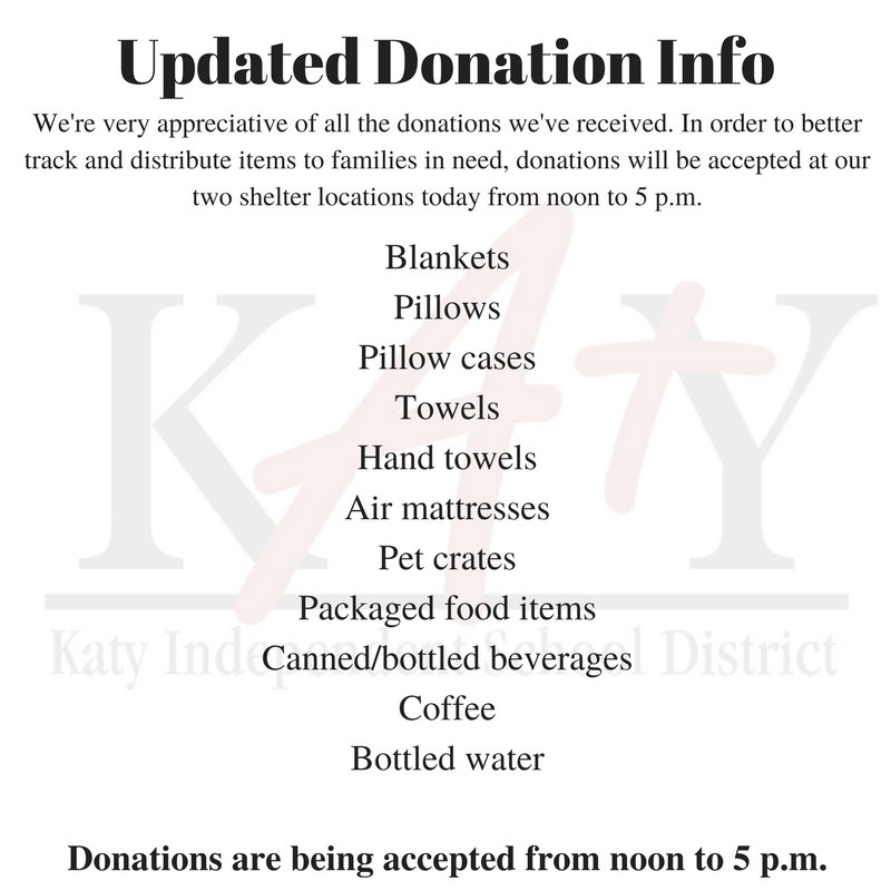 katyisd's tweet image. UPDATE 8/29 at 10:30 a.m. - Latest donation information. #Harvey #katyisd