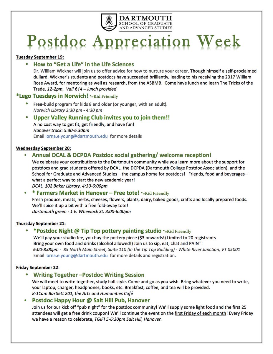 DartGRAD's tweet photo. Calling all #DartPostDocs! Mark your calendars for Postdoc Appreciation Week Sept. 19-22. Here is the full calendar of events!! https://t.co/mLLhgk71If