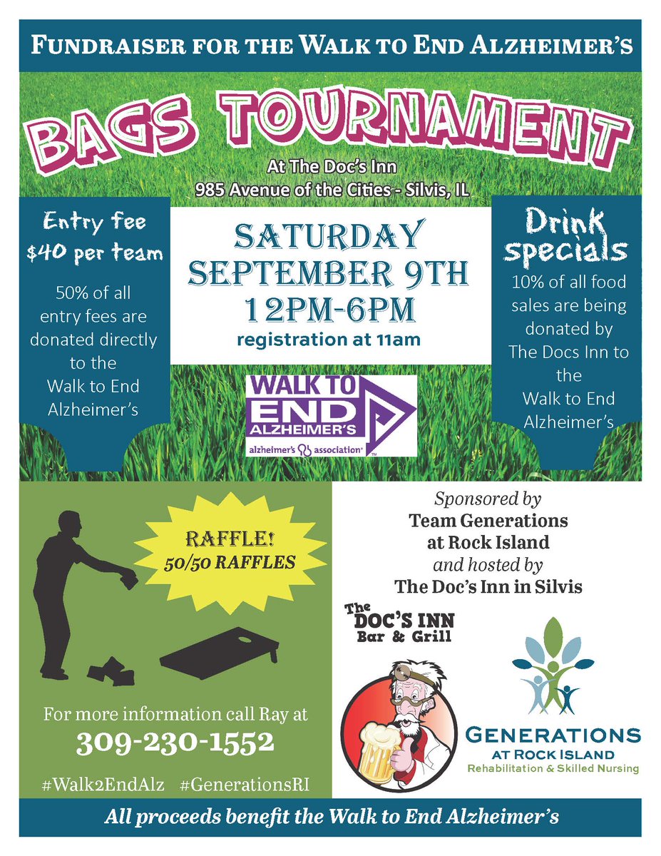 GenatRockIsland's tweet photo. Join us for an @ALZWalkToEndAlz fundraising event on 9/9 in #silvis at @thedocsinn #GenerationsRI #Walk2EndAlz https://t.co/uvMLp8N5ba