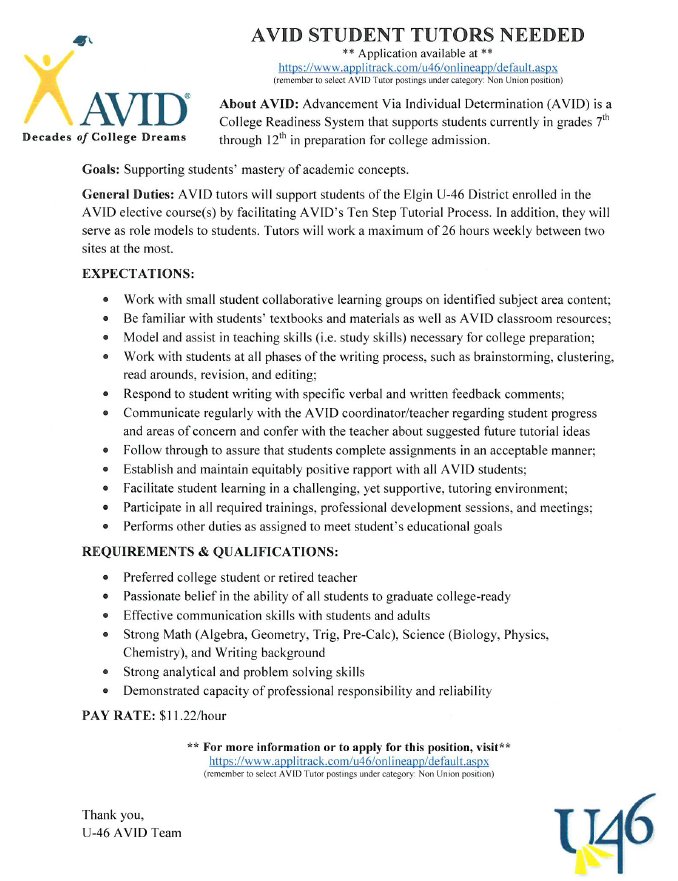 JudsonTeacherEd's tweet photo. New job posting in U-46 District as an AVID tutor. Check it out! https://t.co/boOIy6maX1