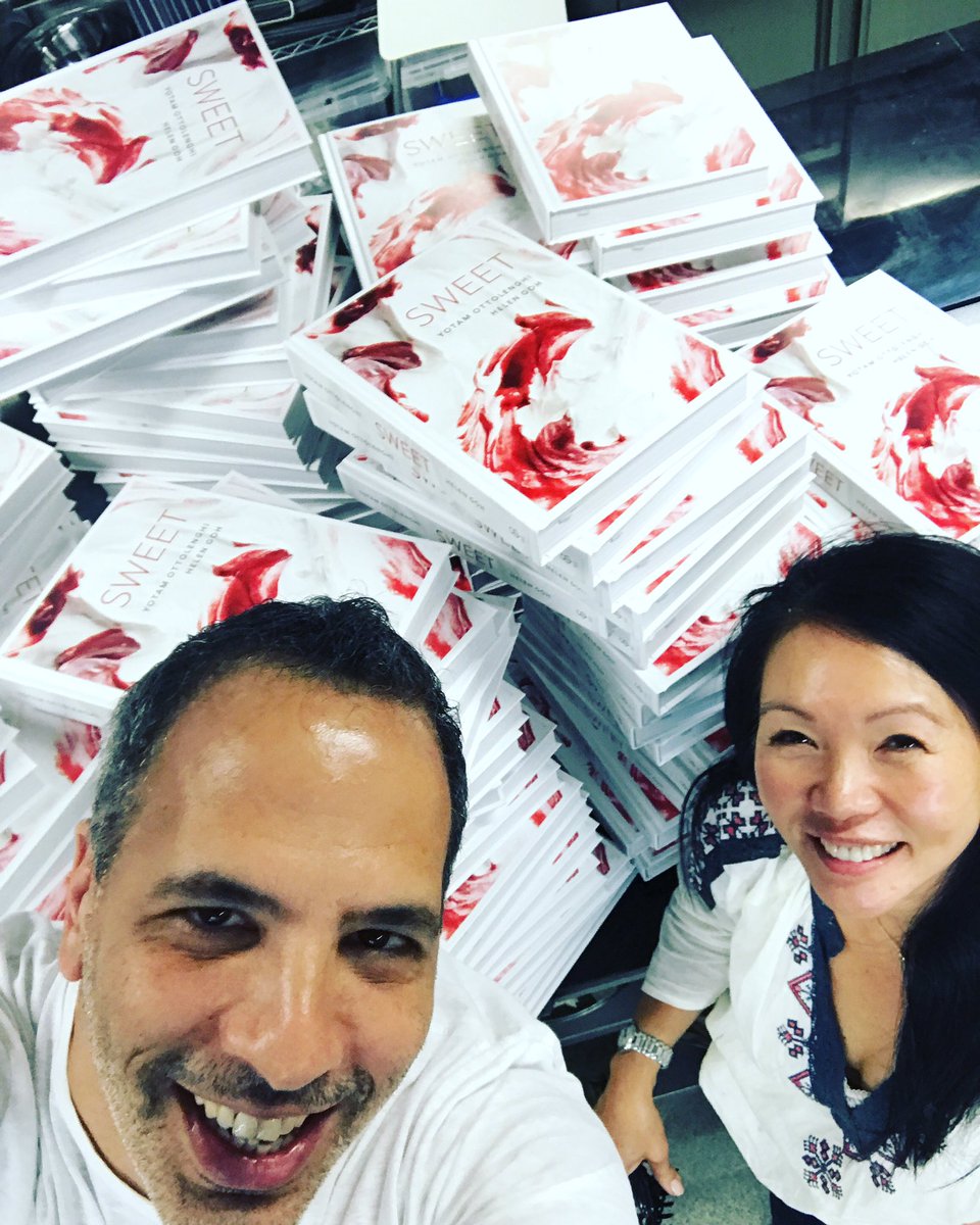 ottolenghi's tweet photo. That's @helen_goh_bakes and me after signing a gazillion books, looking rather pleased with our selves. Just over a week till publication!!! https://t.co/J24A3M7i2i