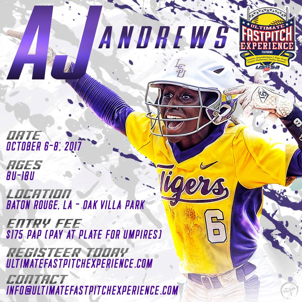 UltimateFPExp's tweet photo. Coming 🔜 to Baton Rouge, LA! ULTIMATE FASTPITCH EXPERIENCE w/ @RawlingsSB GoldGloveAward winner, @LSUsoftball @AkronRacers AJ Andrews! https://t.co/uEt2xN7sLh