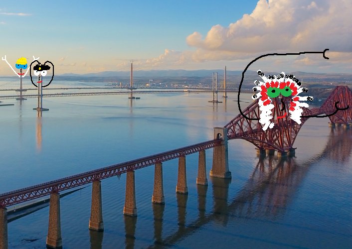 FakeForthBridge's tweet photo. It's fun to stay at the Y.M.C... We need one more bridge to be the 'A' #YMCA  #queensferrycrossing #forthroadbridge #forthbridge https://t.co/hzgc6pu93A