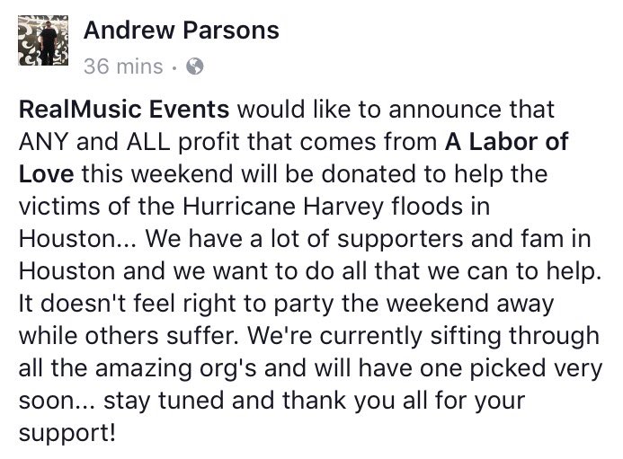 RealMusicEvents's tweet image. Any and ALL profit from this weekends events with @TJR, @ChocolatePuma, @yottomusic, @Duskymusic will be donated to Hurricane Harvey victims