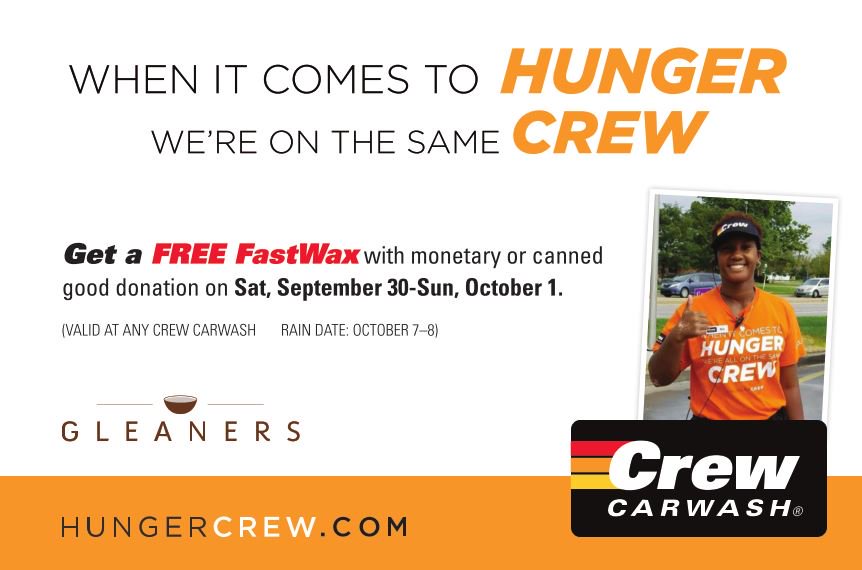 Crew_Carwash's tweet photo. Sept. 30 - Oct. 1 you can get a free #FastWax with any monetary or canned good donation toward @GleanersFBIndy #HungerCrew https://t.co/UizZeemcdh