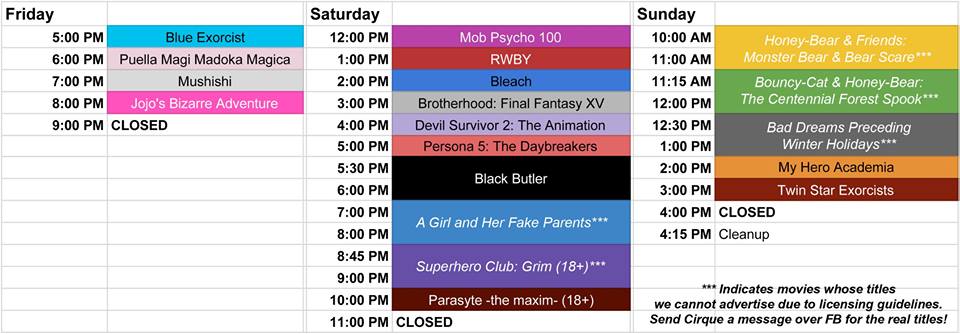CirqueDuGeekCon's tweet photo. Our veiwing room schedule for #CirqueduGeek2017 is up! Find our full event schedule on FB at: https://t.co/E3fQ5a1sGE https://t.co/XycaoF6cZI