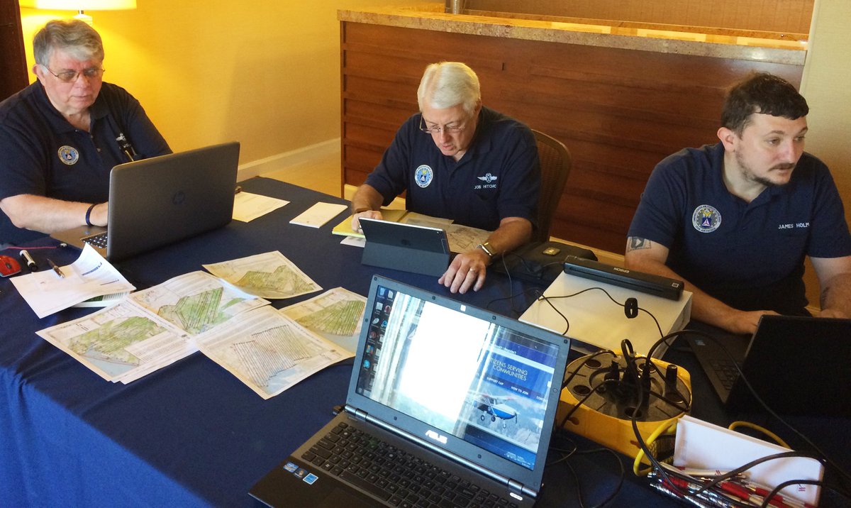 CivilAirPatrol's tweet photo. TX, NM members monitor laptops at @HurricaneHarvey command post in San Antonio at #CAPNC17. Planes, crews being positioned for flights Wed. https://t.co/nfIX21q5Zj