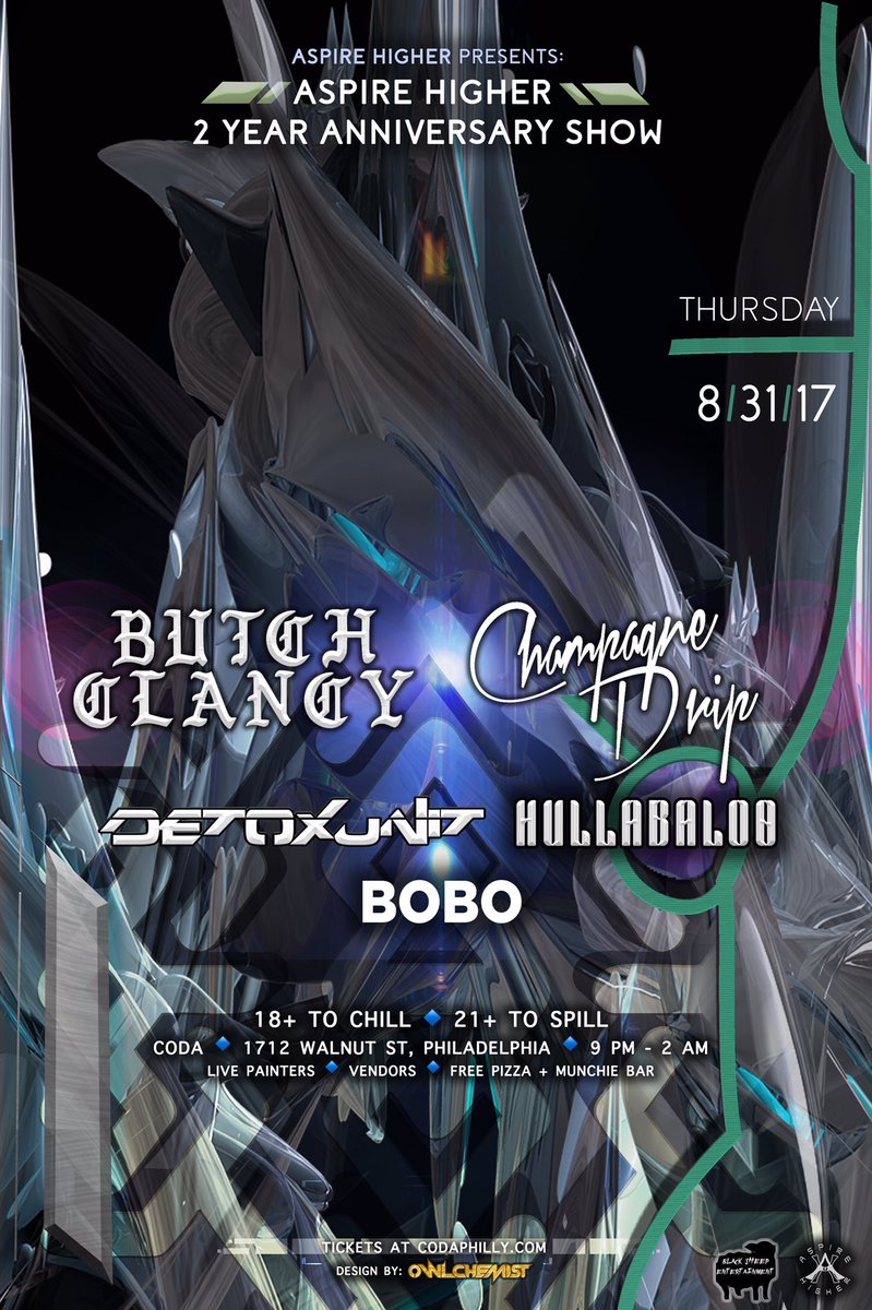 Aspire Higher (@aspirehigher) on Twitter photo OUR 2 YEAR SHOW IS THIS WEEK!
<a href="/Butch_Clancy/">Butch Clancy</a> + <a href="/ChampagneDrip/">CHAMPAGNE DRIP💧</a> + <a href="/DetoxUnit/">Detox Unit</a> + HullabaloO + <a href="/bobosounds/">lskdf</a> at <a href="/codaphilly/">Coda</a> on Thursday for $15!!! OUR 2 YEAR SHOW IS THIS WEEK!
<a href="/Butch_Clancy/">Butch Clancy</a> + <a href="/ChampagneDrip/">CHAMPAGNE DRIP💧</a> + <a href="/DetoxUnit/">Detox Unit</a> + HullabaloO + <a href="/bobosounds/">lskdf</a> at <a href="/codaphilly/">Coda</a> on Thursday for $15!!!