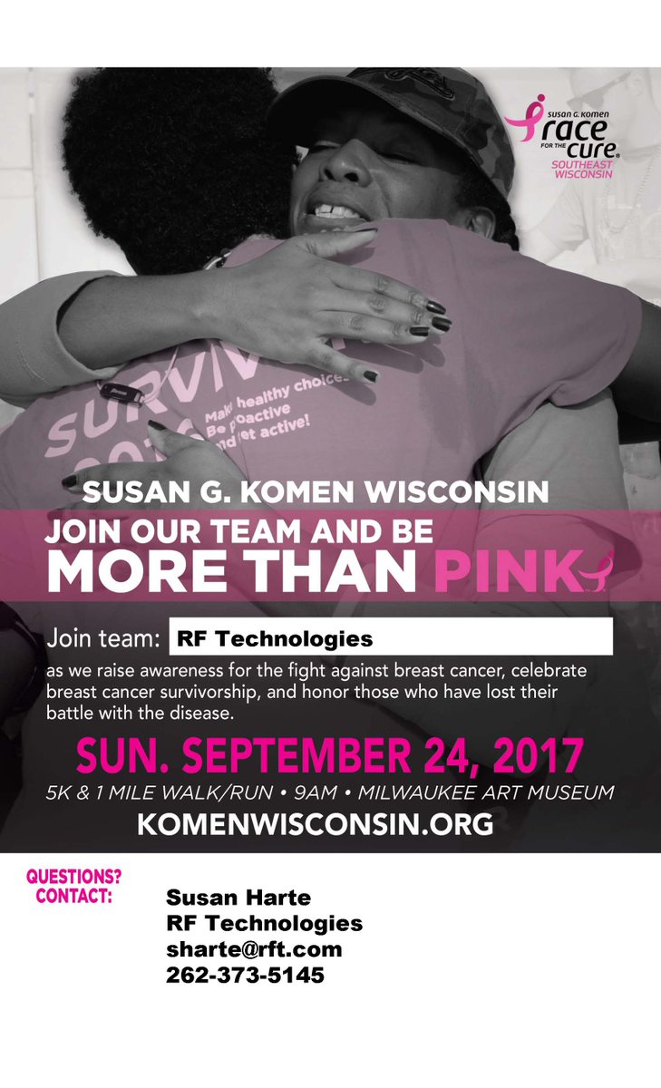 RFTWI's tweet photo. Join RFT's team Sun 9/24 in the race to fight breast cancer #komenwisconsin.org Susan Harte sharte@rft.com #thinkpink #breastcancerawareness https://t.co/eQN83kT6ZA