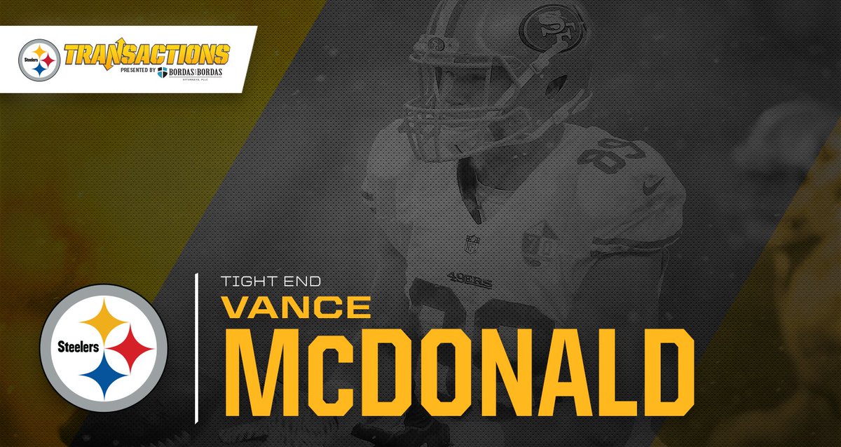steelers's tweet photo. We have acquired TE Vance McDonald + 2018 5th-round draft pick via trade with the 49ers in exchange for a 2018 4th-round draft pick. https://t.co/zYQRcFPXQ4
