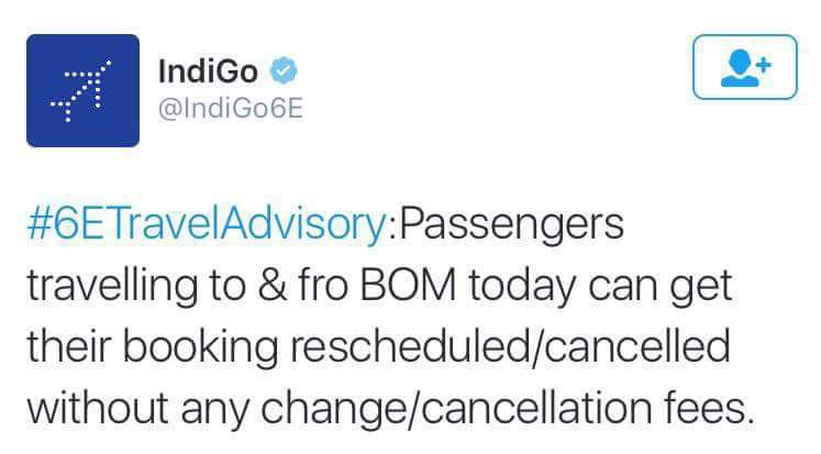 khetanpurva's tweet photo. Wat a great gesture shown by @IndiGo6E .Thx. @Olacabs @Uber learn something.U guys surcharged and took advantage.#Ola #UBER #MumbaiRains https://t.co/uXy4yxyjMQ
