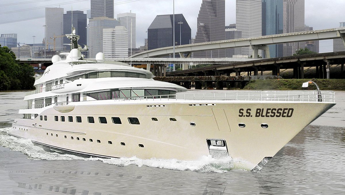 TheBabylonBee's tweet photo. Joel Osteen Sails Luxury Yacht Through Flooded Houston To Pass Out Copies Of ‘Your Best Life Now’ https://t.co/9yRrMaxRwa https://t.co/vwM81j3w74