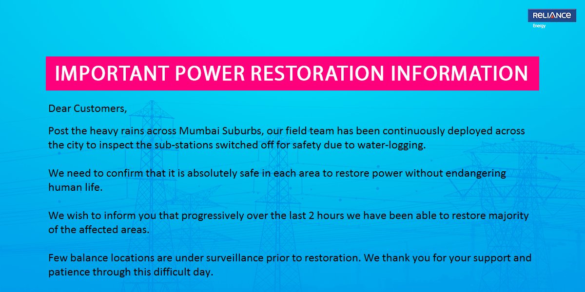 Adani_Elec_Mum's tweet photo. #MumbaiRains #PowerRestorationUpdate #RestorationStatus https://t.co/XgnmyuzvU5