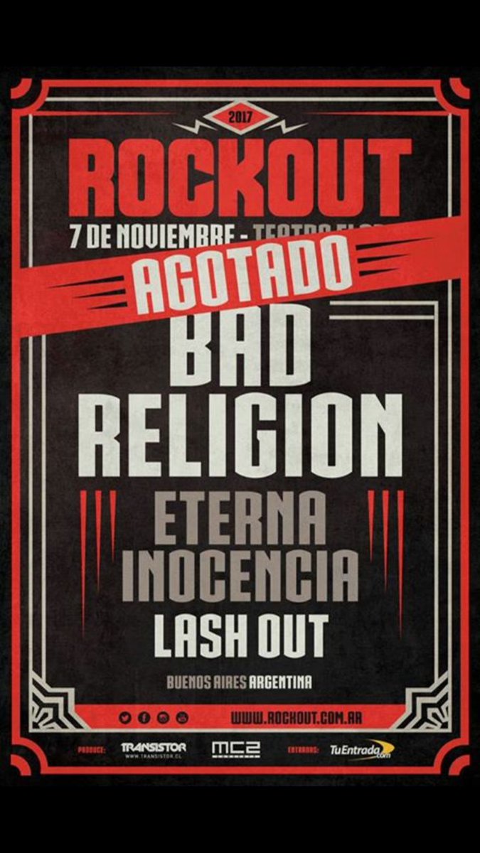 RockoutAr's tweet photo. 🔥ROCKOUT ARGENTINA 2017🔥 
👉ATENTOS QUE MAÑANA HAY NOVEDADES, A NO DORMIRSE...💣
Bad Religion Eterna Inocencia Lash Out
7/11 - Teatro Flores https://t.co/glPjJQw700