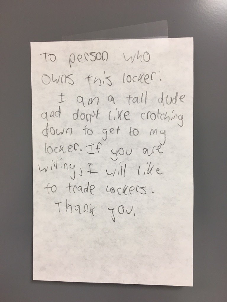 Day 1 at WRHS: A plaintive request from a tall dude who was given a low locker.