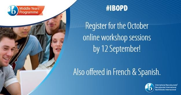 ibmyp's tweet photo. [Reminder] Registration for October online workshops is closing 12 September. 
You can still register - https://t.co/WLzpprlinR | #IBOPD. https://t.co/HcwiISZLw0