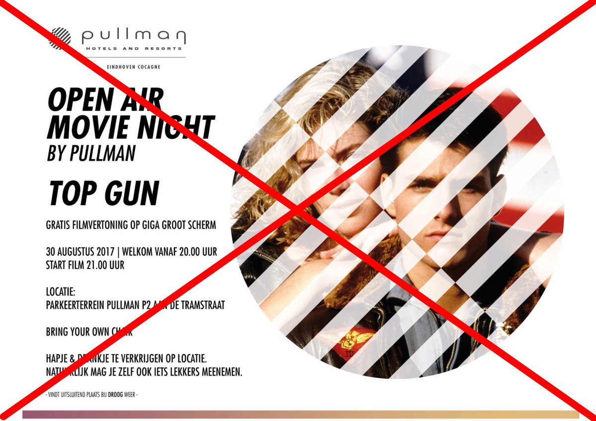 Vestdijk47's tweet photo. Vanwege de zeer slechte weersvoorspellingen voor woensdag 30 augustus as. zijn wij helaas genoodzaakt de Open Air Movie Night cancelen. https://t.co/1QxsxyQvVD