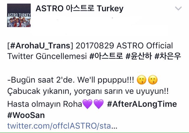 Turkey_ASTRO's tweet photo. [#ArohaU_Trans] 20170829 ASTRO Official Twitter Güncellemesi #아스트로 #윤산하 #차은우 https://t.co/SbxfH9TtYR