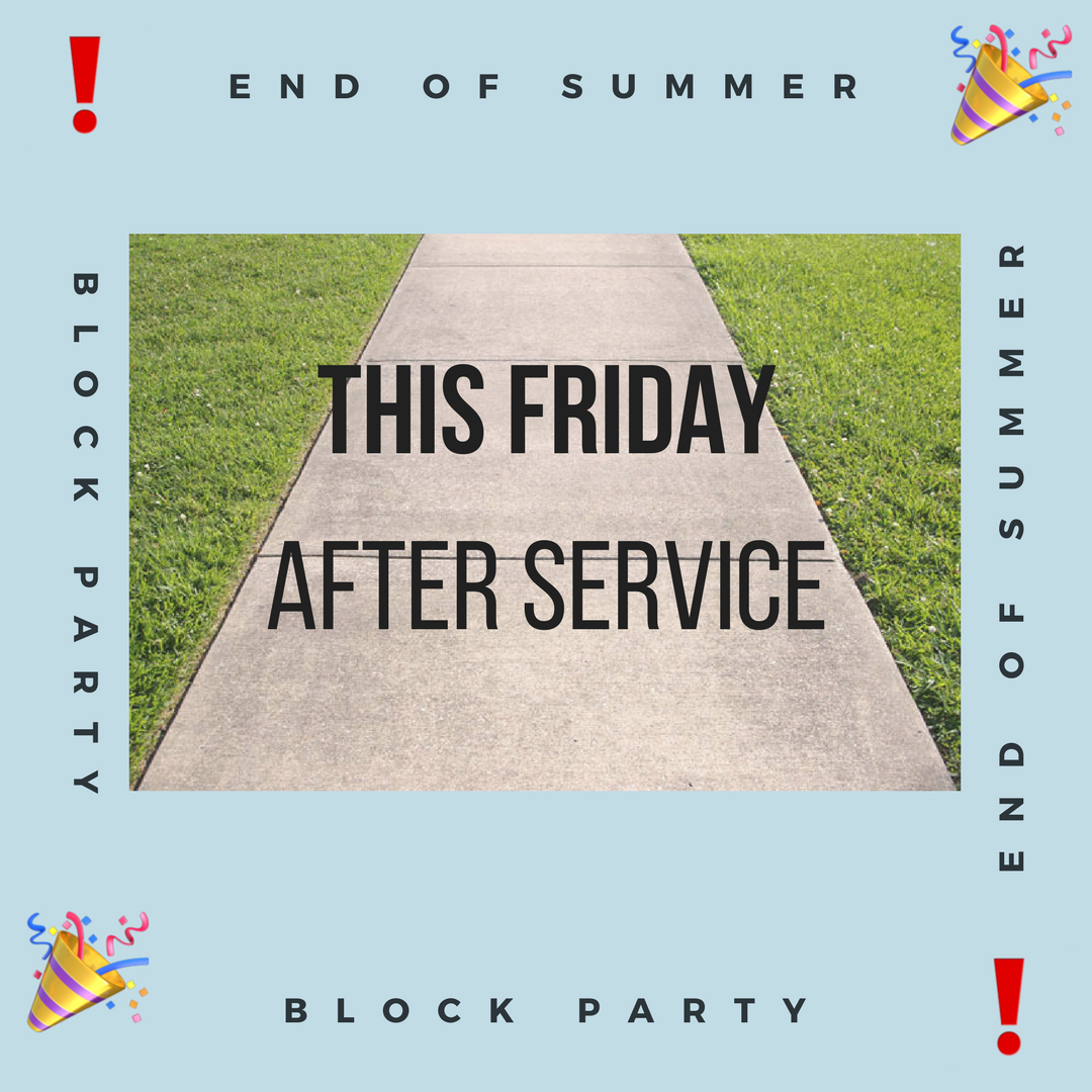 ChayilGen's tweet photo. Join us after service September 1st for an End of Summer Block Party:)
#fun #food #music #endofsummer #party https://t.co/5VH0hHVA5m