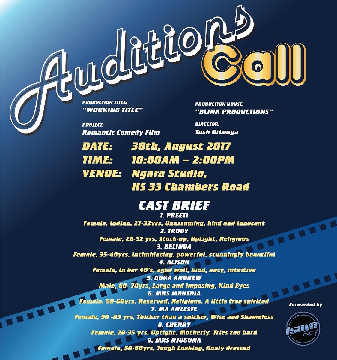 EvansIsaya's tweet photo. AUDITONS happening tomorrow Wednesday in Nairobi Kenya. For directions details, click the link; https://t.co/BeqCUuBGj9 #AUDITION #KOT https://t.co/uLDWXkxJdi