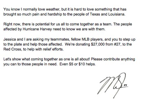 MikeTrout's tweet photo. #HurricaneHarvey: https://t.co/gAUToFeaKU  | @RedCross https://t.co/tfurT627Zs