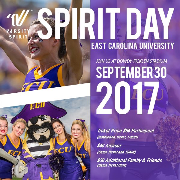 East Carolina University Spirit Day will be Sept. 30th! Join us for this awesome day at ECU by registering with at medwardson@varsity.com!