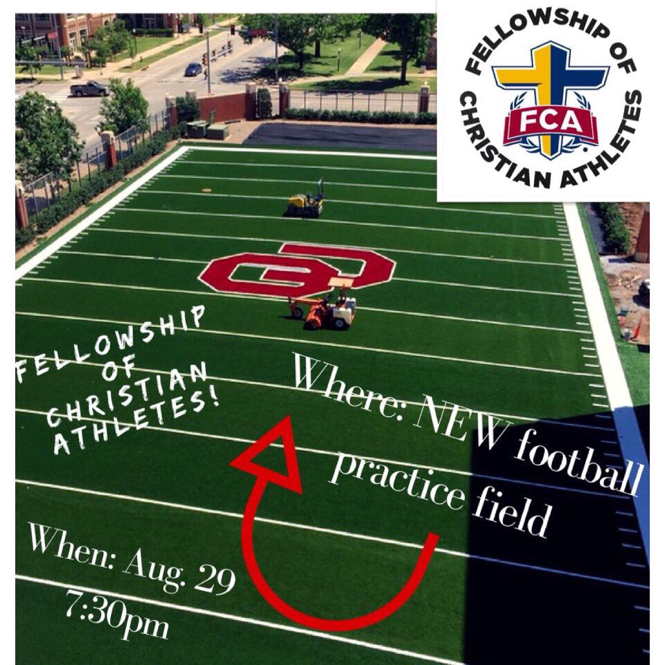OUFCA1's tweet photo. Hey y'all👋🏼Today is the day...FCA is back!! Looking forward to seeing y'all tonight on the new practice field at 7:30! https://t.co/o8iHNbJQ8k