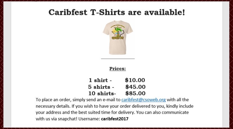 CSO_Caribfest's tweet photo. Don't forget to get your T-shirt orders in! https://t.co/K7JcjW1zFm