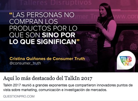 consumer_truth's tweet photo. "Nos toca pensar en las preguntas más que en las respuestas cuando queremos obtener #insights" @cristinaq #TalkIN17👉 https://t.co/eTA72SaK1o https://t.co/ZCBaNRlxhg