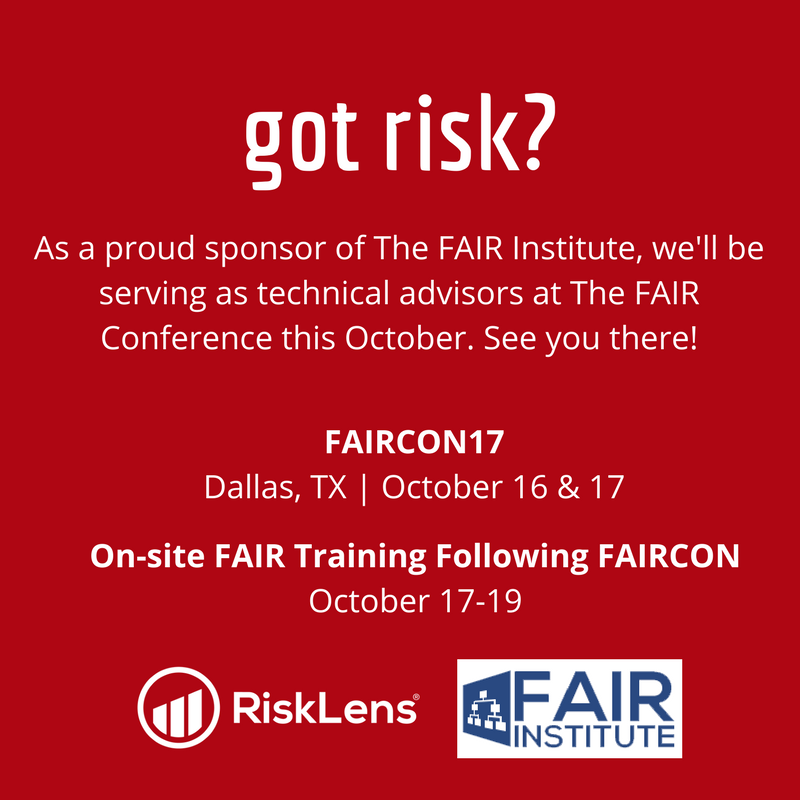 RiskLens's tweet photo. #GotRisk? We hope to see you at #FAIRCON17 this year in #Dallas. Calling all #CISOs #CIOs #CROs LEARN MORE: https://t.co/pCvHg5eETp https://t.co/HyZmXj8j7N