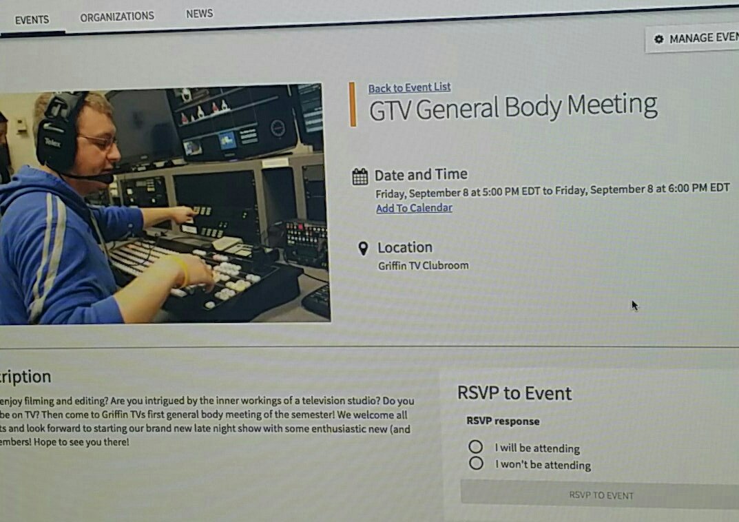 Griffin_TV's tweet photo. Griffin TV is back and excited to start a new year! Join us by attending our first general body meeting of the semester next Friday @ 5! https://t.co/bxUqnVMvkT