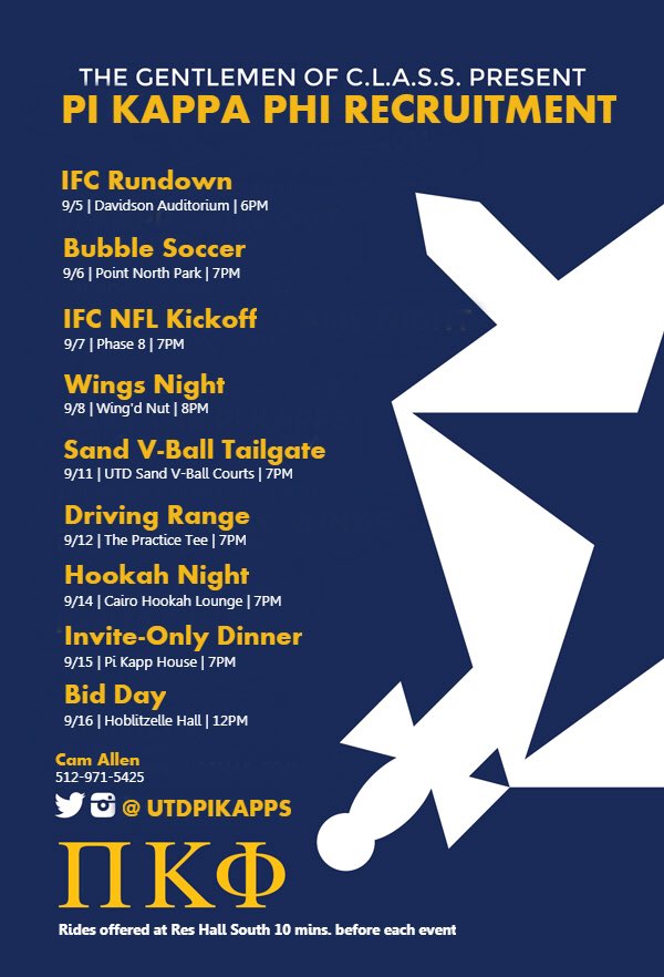 UTDpikapp's tweet photo. Fall 2017 Recruitment Schedule! #RushPiKapp https://t.co/HThikfUYww