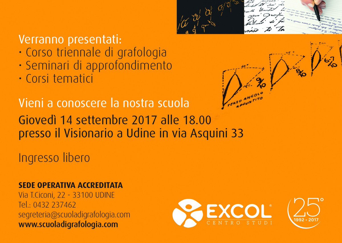 ExcolSocial's tweet photo. Vuoi entrare nel mondo della #grafologia?Ecco i dettagli dell'evento di presentazione della #scuoladigrafologiaexcol!#visionario #AGI #Excol https://t.co/sWW4UOXEMf