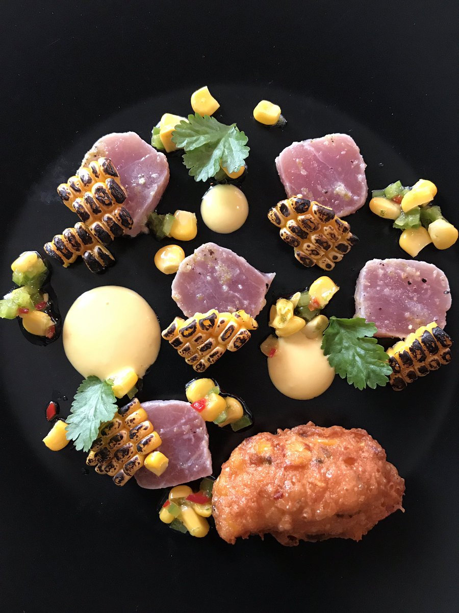 New menu fun this week.Tuna is cured in lime, corn mayo made with rape seed oil, corn and pepper choux fritter, charred corn and coriander.
