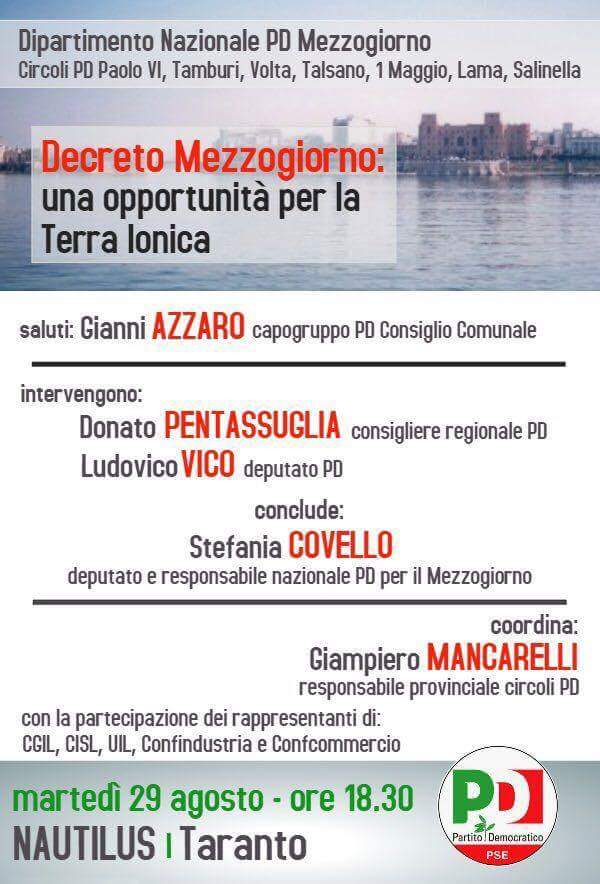 PdTaranto's tweet photo. "Decreto Mezzogiorno: una opportunità per la Terra Ionica" ne parliamo adesso con @CovelloStefania al Nautilus #Taranto. https://t.co/AGfGwxtFih