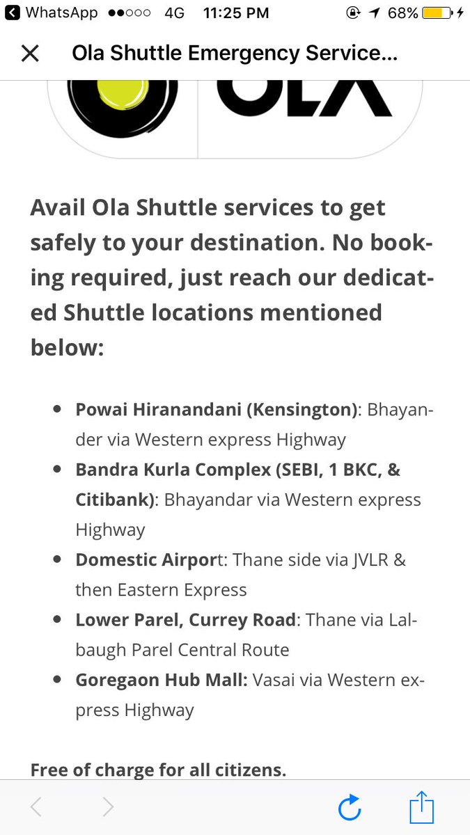 om_vachhani's tweet photo. Plz all who still are stuck in floods plz use this facility #OlaShuttle its free of cost and will help u reaching ur destnation #MumbaiRains https://t.co/ocHFyPinCl