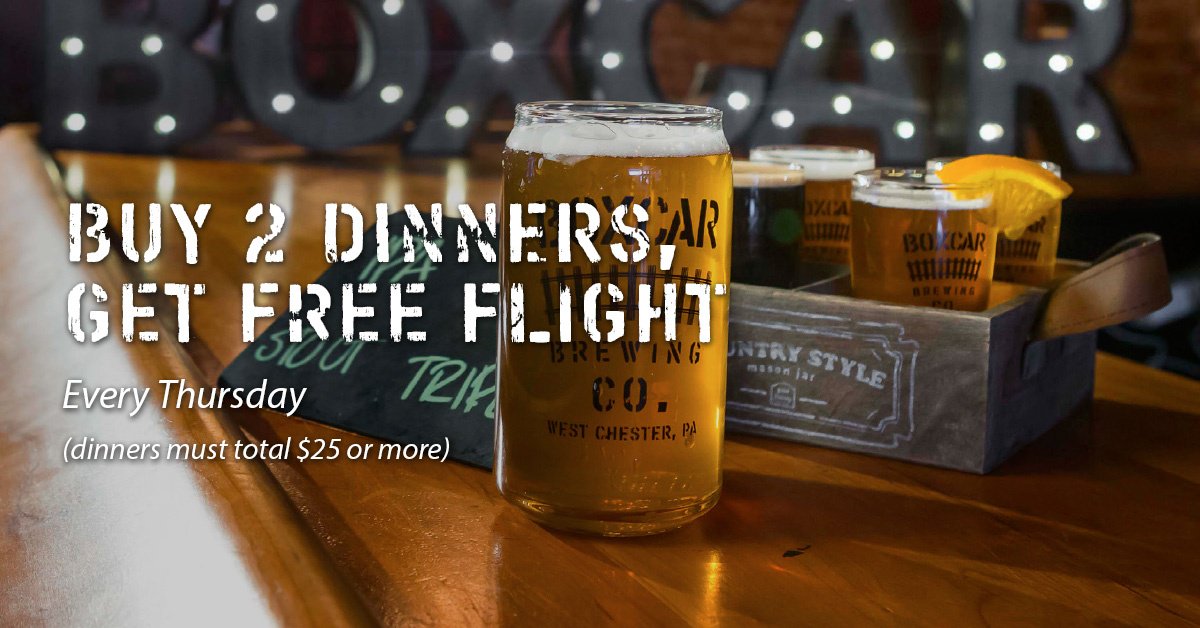 boxcarbrewery's tweet photo. Every Thursday night, enjoy a complimentary flight with purchase of 2 dinners totaling $25 or more! Our menu: https://t.co/YMGrpZMzKZ https://t.co/3ofyr194hm
