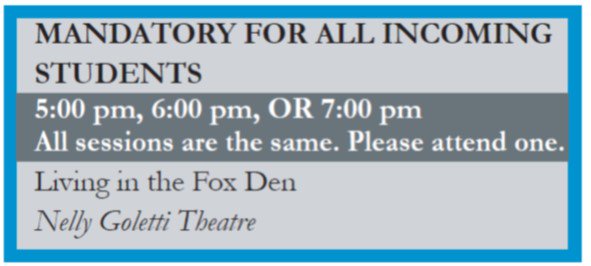 MaristFYP's tweet photo. #MaristWelcomeWeek continues tonight with the Mandatory Living in the Fox Den-bring Passports for a sticker! Choose ONE: 5PM, 6PM, OR 7PM https://t.co/AwbYA8GaRG
