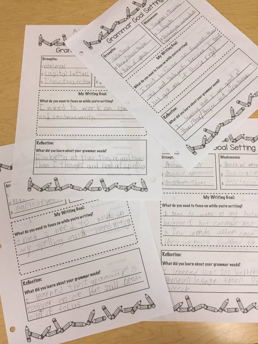 erouse_ela's tweet photo. Using our grammar pre-assessments to set some grammar and writing goals. Lots of great reflection happening over here! #goalsetting https://t.co/8FrEer2Jti