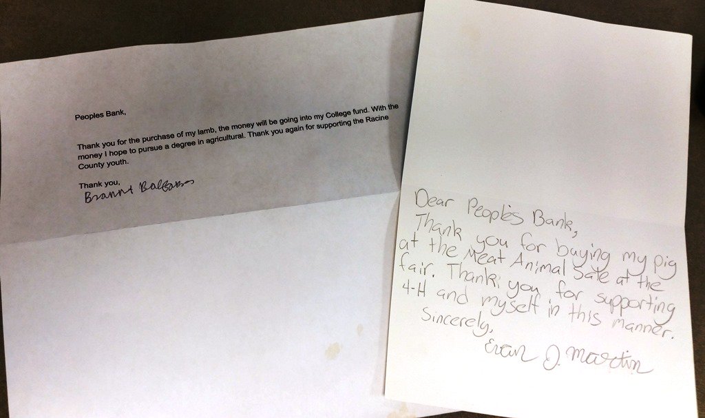 PeoplesBankWI's tweet photo. Thank you cards from the wonderful #farmkids we bought livestock from at the #Kenosha County Fair. #community https://t.co/sZ9GkDNgJe