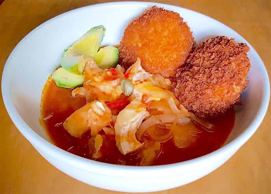 SmithtownSF's tweet photo. Today's special is Cod Vizcaina. Tomato-based, Spanish soup w/ roasted garlic potato croquettes &amp; fresh avocado. #PuertoRico #AgnesMama https://t.co/0zdNexmySa