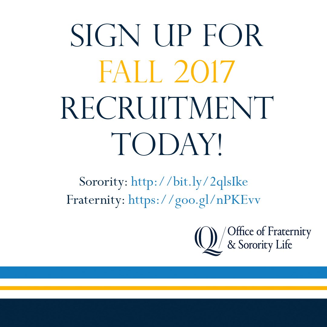 QUFSL's tweet photo. Don't forget to sign up for Fraternity and Sorority fall recruitment! Links are live! https://t.co/e45bo8GXk8