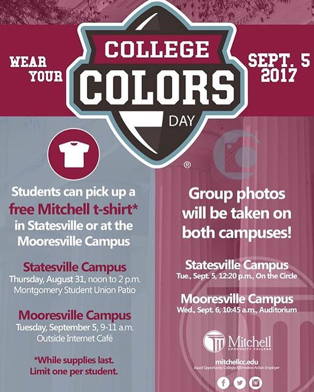 MitchellCC_NC's tweet photo. Be sure to get your t-shirt for Wear Your College Colors Day! #MitchellCommunityCollege #BePreparedtToExcel #wearyourcollegecolorsday https://t.co/Dq7l3Y71d2